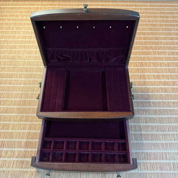 REED & BARTON EUREKA 2 Tier 16 MahoganyFinish Wood Jewelry Box 1 Drawer